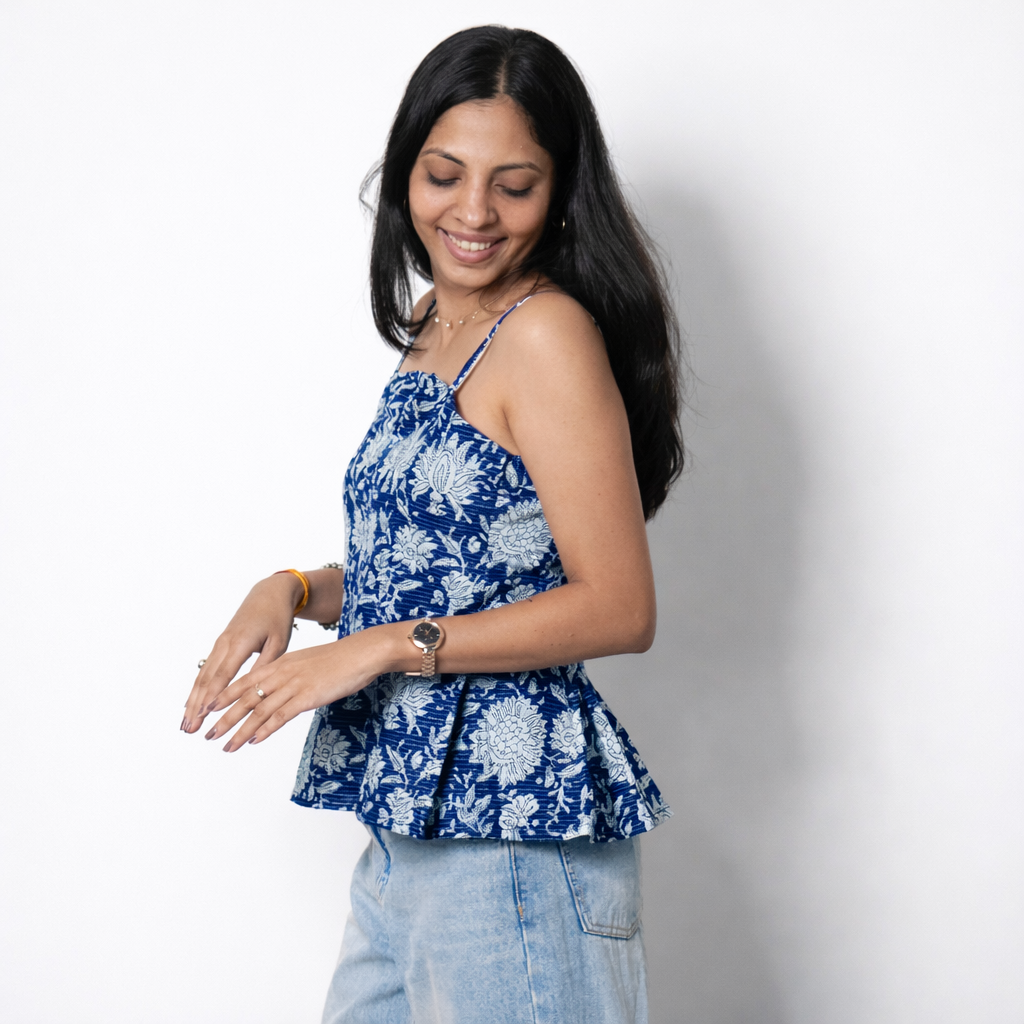 Indigo Print Cotton Peplum